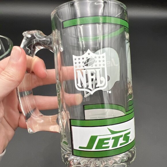 Set Of 2 Vintage New York Jets Handled Heavy Glass Beer Mugs Libby NFL 1980s - Picture 10 of 12